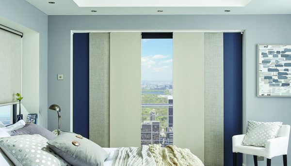 Mixed blues and cream fabric in panel blinds - Blinds Norfolk - Norwich Sunblinds