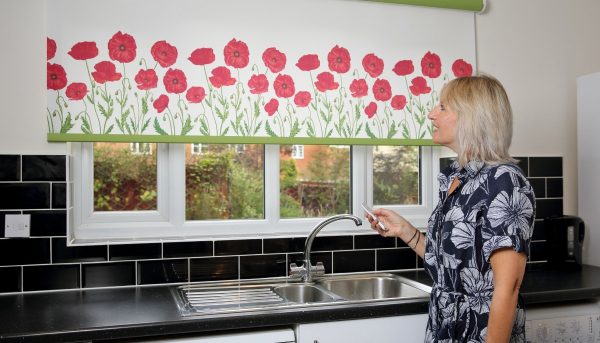 Poppy designs on kitchen motorised roller blind - Blinds Norfolk - Norwich Sunblinds