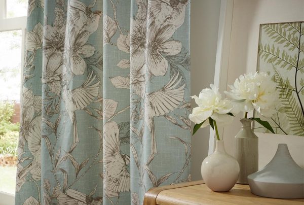 Powder Blue Floral Curtains in a Living Room. - Curtains Norfolk - Norwich Sunblinds